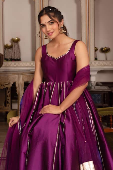 Pomcha Jaipur_Purple Taffeta, Silk, Net Gota Patti Sweetheart Neck Seerat Anarkali Set _Online_at_Aza_Fashions