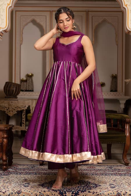 Pomcha Jaipur_Purple Taffeta, Silk, Net Gota Patti Sweetheart Neck Seerat Anarkali Set _at_Aza_Fashions