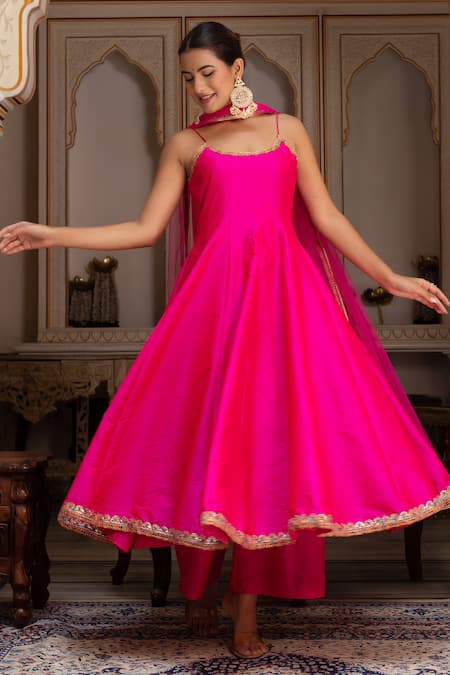 Shop_Pomcha Jaipur_Pink Taffeta, Silk, Net Embroidery Round Neck Rimjhim Anarkali Set _Online_at_Aza_Fashions