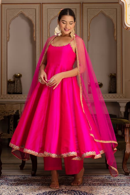 Pomcha Jaipur Pink Taffeta, Silk, Net Embroidery Round Neck Rimjhim Anarkali Set 