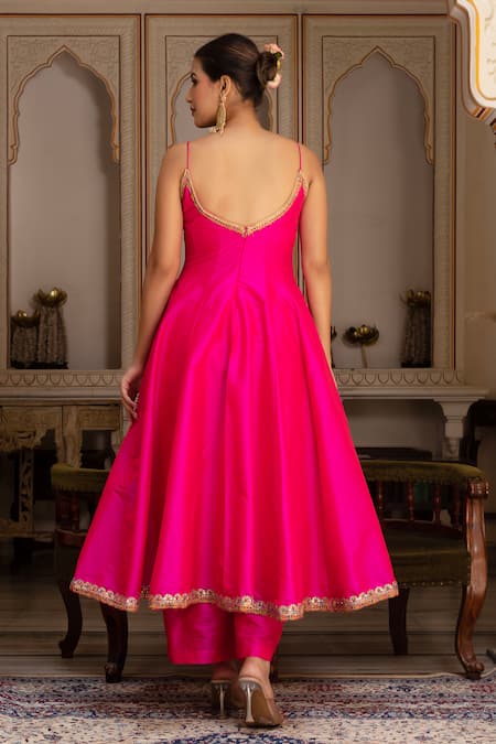 Shop_Pomcha Jaipur_Pink Taffeta, Silk, Net Embroidery Round Neck Rimjhim Anarkali Set _at_Aza_Fashions
