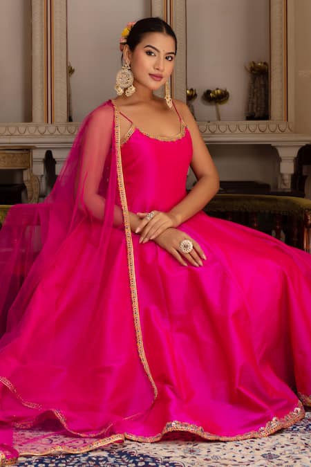 Pomcha Jaipur_Pink Taffeta, Silk, Net Embroidery Round Neck Rimjhim Anarkali Set _at_Aza_Fashions