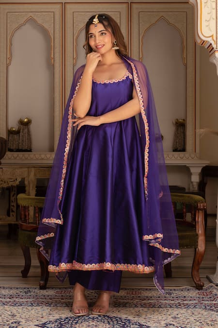 Pomcha Jaipur Purple Taffeta, Silk, Net Embroidery Round Neck Rimjhim Anarkali Set