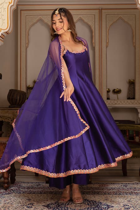 Buy_Pomcha Jaipur_Purple Taffeta, Silk, Net Embroidery Round Neck Rimjhim Anarkali Set _Online_at_Aza_Fashions