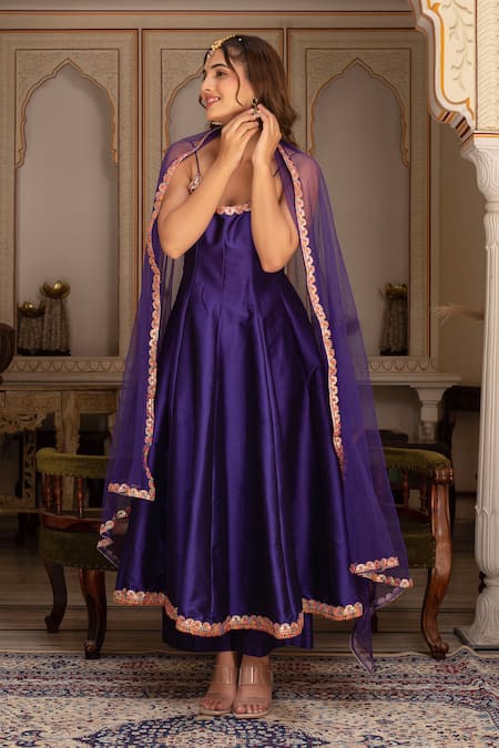 Shop_Pomcha Jaipur_Purple Taffeta, Silk, Net Embroidery Round Neck Rimjhim Anarkali Set _Online_at_Aza_Fashions