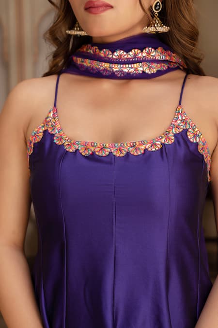 Pomcha Jaipur_Purple Taffeta, Silk, Net Embroidery Round Neck Rimjhim Anarkali Set _at_Aza_Fashions
