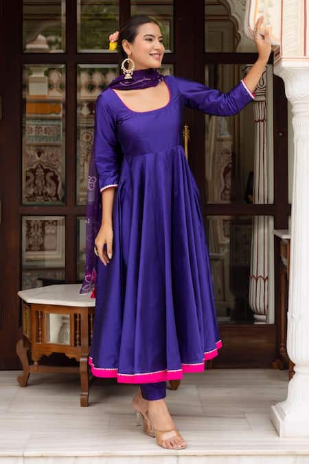 Shop_Pomcha Jaipur_Purple Taffeta, Silk, Georgette Tassels, Embroidery Round Neck Anarkali Set _Online_at_Aza_Fashions
