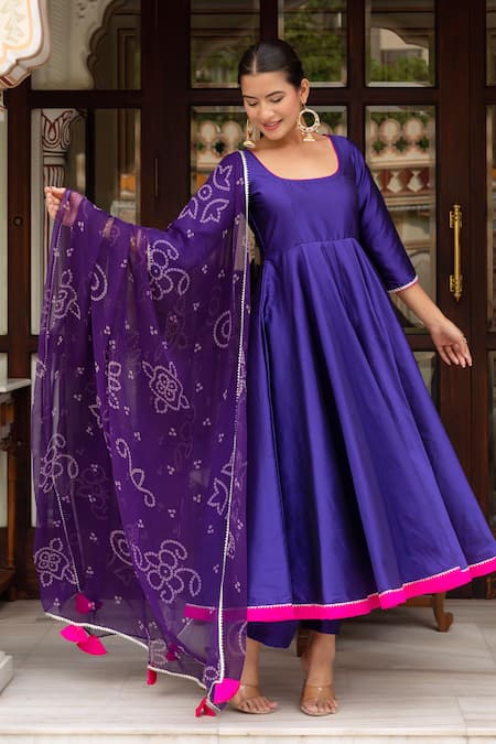 Pomcha Jaipur_Purple Taffeta, Silk, Georgette Tassels, Embroidery Round Neck Anarkali Set _at_Aza_Fashions