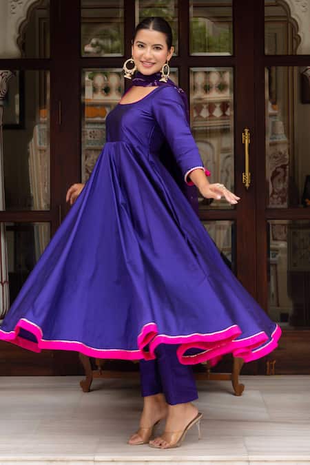 Buy_Pomcha Jaipur_Purple Taffeta, Silk, Georgette Tassels, Embroidery Round Neck Anarkali Set 