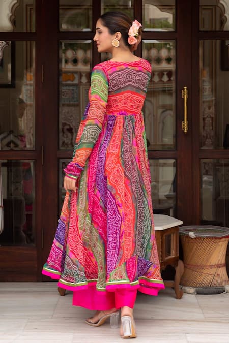 Pomcha Jaipur Multicolor Bandhej Jacket With Anarkali Set 