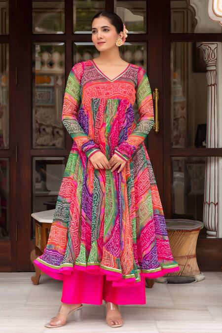 Buy_Pomcha Jaipur_Multi Color Georgette, Cotton, Silk Multicolor Bandhej Jacket With Anarkali Set _Online_at_Aza_Fashions