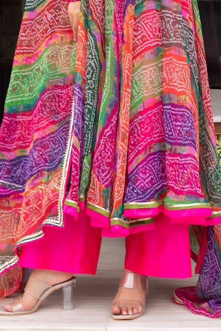 Shop_Pomcha Jaipur_Multi Color Georgette, Cotton, Silk Multicolor Bandhej Jacket With Anarkali Set _Online_at_Aza_Fashions