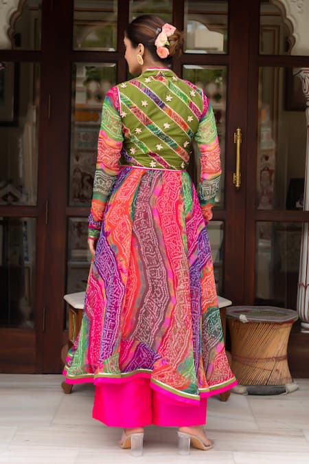 Pomcha Jaipur_Multi Color Georgette, Cotton, Silk Multicolor Bandhej Jacket With Anarkali Set _at_Aza_Fashions
