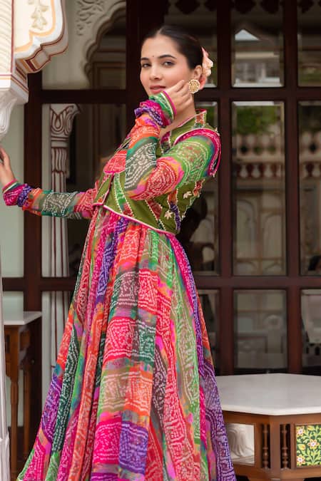 Buy_Pomcha Jaipur_Multi Color Georgette, Cotton, Silk Multicolor Bandhej Jacket With Anarkali Set 