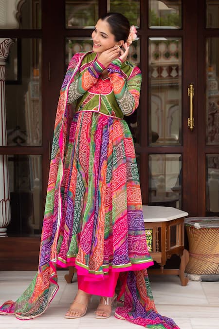Shop_Pomcha Jaipur_Multi Color Georgette, Cotton, Silk Multicolor Bandhej Jacket With Anarkali Set 