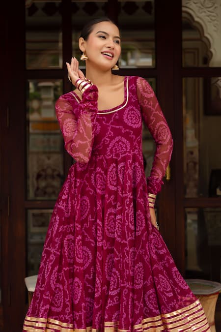 Pomcha Jaipur Purple Georgette, Cotton Gota Patti Round Neck Bandhej Anarkali Set Online at Aza Fashions Pomcha Jaipur_Purple Georgette, Cotton Gota Patti Round Neck Bandhej Anarkali Set _Online_at_Aza_Fashions