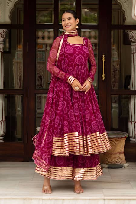 Pomcha Jaipur Purple Georgette, Cotton Gota Patti Round Neck Bandhej Anarkali Set