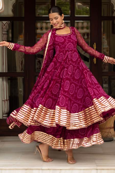 Buy Pomcha Jaipur Purple Georgette, Cotton Gota Patti Round Neck Bandhej Anarkali Set Online at Aza Fashions Buy_Pomcha Jaipur_Purple Georgette, Cotton Gota Patti Round Neck Bandhej Anarkali Set _Online_at_Aza_Fashions