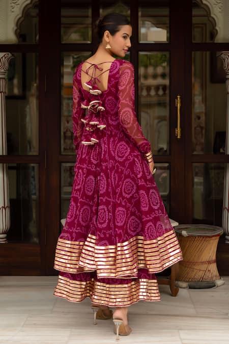 Shop Pomcha Jaipur Purple Georgette, Cotton Gota Patti Round Neck Bandhej Anarkali Set at Aza Fashions Shop_Pomcha Jaipur_Purple Georgette, Cotton Gota Patti Round Neck Bandhej Anarkali Set _at_Aza_Fashions