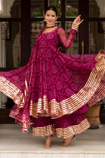 Shop Pomcha Jaipur Purple Georgette, Cotton Gota Patti Round Neck Bandhej Anarkali Set Online at Aza Fashions Shop_Pomcha Jaipur_Purple Georgette, Cotton Gota Patti Round Neck Bandhej Anarkali Set _Online_at_Aza_Fashions