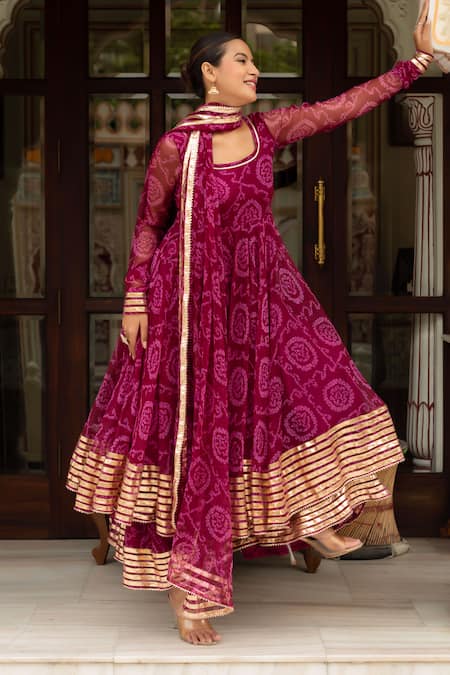 Pomcha Jaipur Purple Georgette, Cotton Gota Patti Round Neck Bandhej Anarkali Set at Aza Fashions Pomcha Jaipur_Purple Georgette, Cotton Gota Patti Round Neck Bandhej Anarkali Set _at_Aza_Fashions