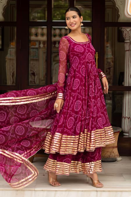 Buy Pomcha Jaipur Purple Georgette, Cotton Gota Patti Round Neck Bandhej Anarkali Set Buy_Pomcha Jaipur_Purple Georgette, Cotton Gota Patti Round Neck Bandhej Anarkali Set