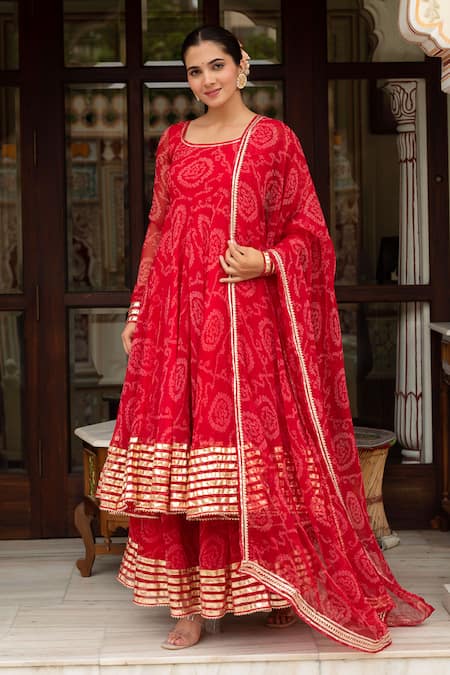 Pomcha Jaipur Red Georgette, Cotton Gota Patti Round Neck Bandhej Anarkali Set