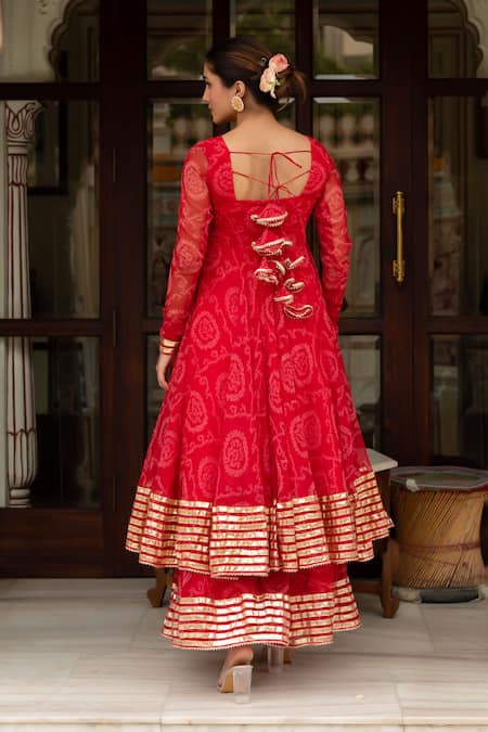 Shop Pomcha Jaipur Red Georgette, Cotton Gota Patti Round Neck Bandhej Anarkali Set at Aza Fashions Shop_Pomcha Jaipur_Red Georgette, Cotton Gota Patti Round Neck Bandhej Anarkali Set _at_Aza_Fashions