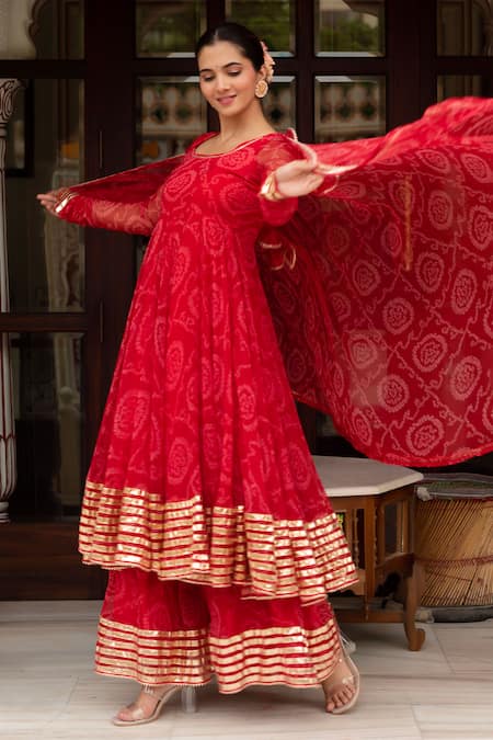 Pomcha Jaipur Red Georgette, Cotton Gota Patti Round Neck Bandhej Anarkali Set Online at Aza Fashions Pomcha Jaipur_Red Georgette, Cotton Gota Patti Round Neck Bandhej Anarkali Set _Online_at_Aza_Fashions
