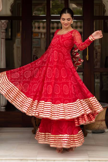 Buy Pomcha Jaipur Red Georgette, Cotton Gota Patti Round Neck Bandhej Anarkali Set Online at Aza Fashions Buy_Pomcha Jaipur_Red Georgette, Cotton Gota Patti Round Neck Bandhej Anarkali Set _Online_at_Aza_Fashions