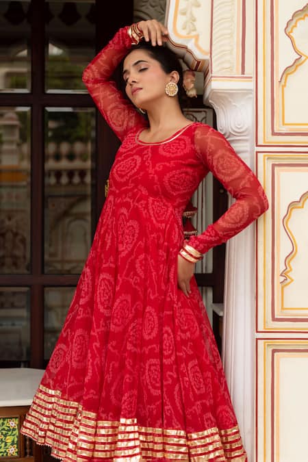 Shop Pomcha Jaipur Red Georgette, Cotton Gota Patti Round Neck Bandhej Anarkali Set Online at Aza Fashions Shop_Pomcha Jaipur_Red Georgette, Cotton Gota Patti Round Neck Bandhej Anarkali Set _Online_at_Aza_Fashions