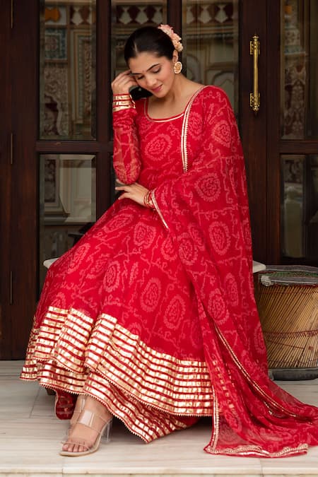 Pomcha Jaipur Red Georgette, Cotton Gota Patti Round Neck Bandhej Anarkali Set at Aza Fashions Pomcha Jaipur_Red Georgette, Cotton Gota Patti Round Neck Bandhej Anarkali Set _at_Aza_Fashions