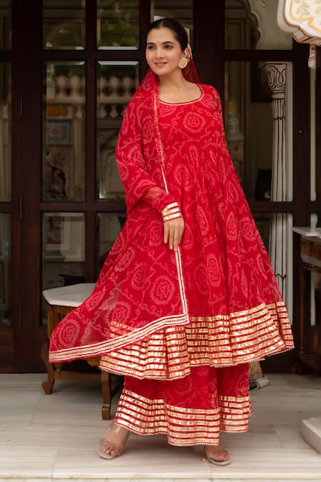 Buy Pomcha Jaipur Red Georgette, Cotton Gota Patti Round Neck Bandhej Anarkali Set Buy_Pomcha Jaipur_Red Georgette, Cotton Gota Patti Round Neck Bandhej Anarkali Set