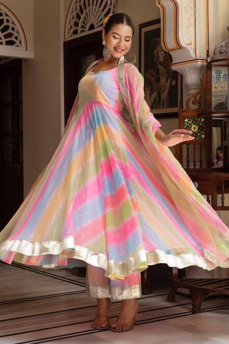 Buy_Pomcha Jaipur_Multi Color Georgette Gota Patti Sweetheart Neck Leheriya Anarkali Set _Online_at_Aza_Fashions