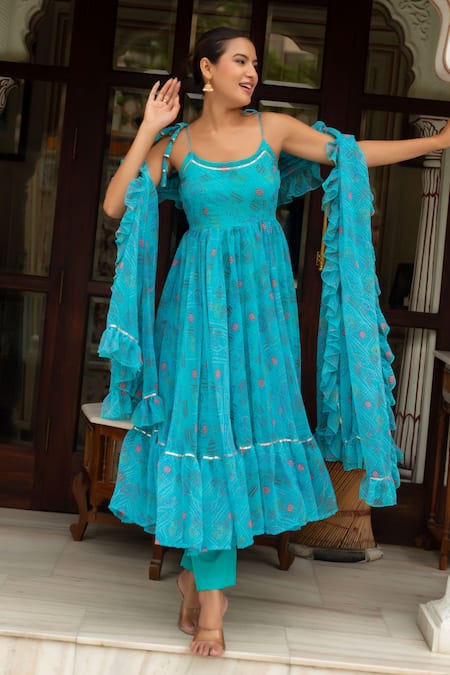 Pomcha Jaipur Blue Georgette, Cotton Round Neck Aasmani Bandhej Anarkali Set