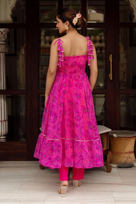 Shop Pomcha Jaipur Pink Georgette, Cotton Round Neck Gulaal Bandhej Anarkali Set at Aza Fashions Shop_Pomcha Jaipur_Pink Georgette, Cotton Round Neck Gulaal Bandhej Anarkali Set _at_Aza_Fashions