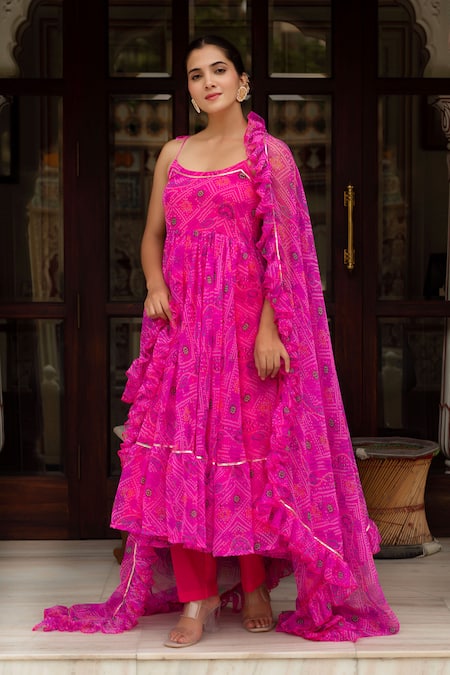 Pomcha Jaipur Pink Georgette, Cotton Round Neck Gulaal Bandhej Anarkali Set Online at Aza Fashions Pomcha Jaipur_Pink Georgette, Cotton Round Neck Gulaal Bandhej Anarkali Set _Online_at_Aza_Fashions