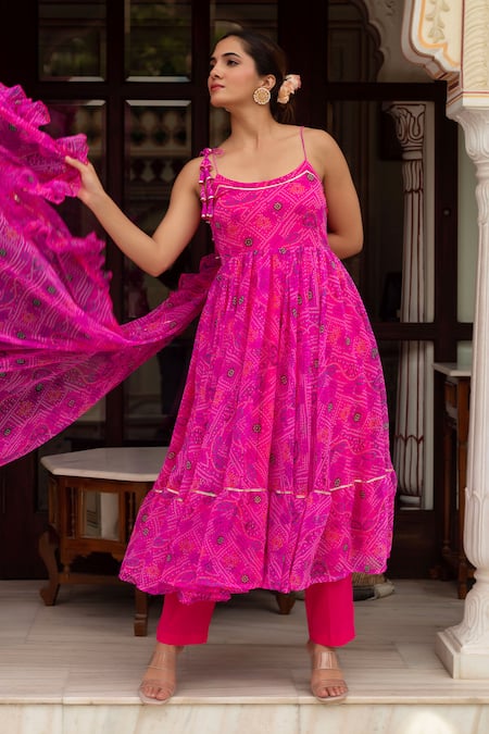 Shop Pomcha Jaipur Pink Georgette, Cotton Round Neck Gulaal Bandhej Anarkali Set Online at Aza Fashions Shop_Pomcha Jaipur_Pink Georgette, Cotton Round Neck Gulaal Bandhej Anarkali Set _Online_at_Aza_Fashions