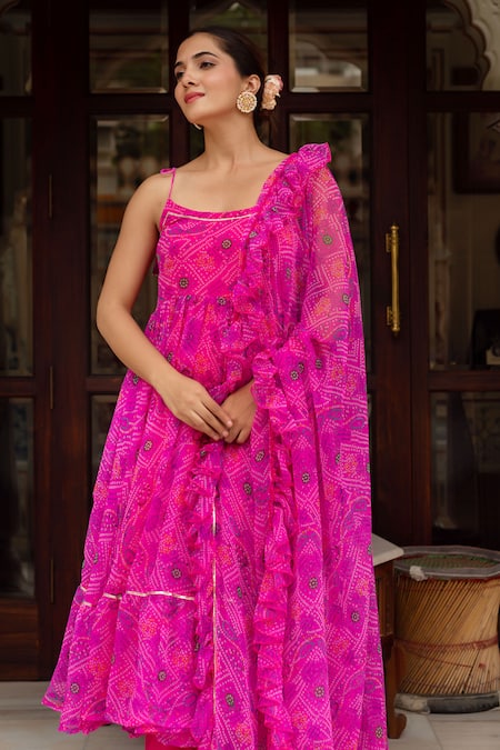 Pomcha Jaipur Pink Georgette, Cotton Round Neck Gulaal Bandhej Anarkali Set at Aza Fashions Pomcha Jaipur_Pink Georgette, Cotton Round Neck Gulaal Bandhej Anarkali Set _at_Aza_Fashions