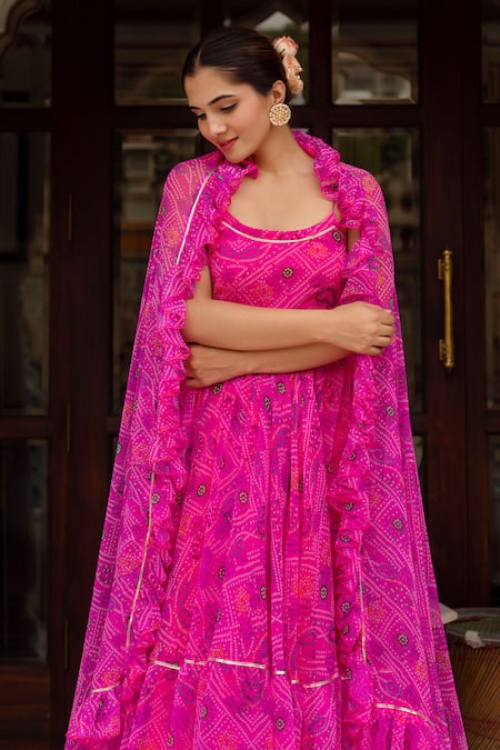 Buy Pomcha Jaipur Pink Georgette, Cotton Round Neck Gulaal Bandhej Anarkali Set Buy_Pomcha Jaipur_Pink Georgette, Cotton Round Neck Gulaal Bandhej Anarkali Set