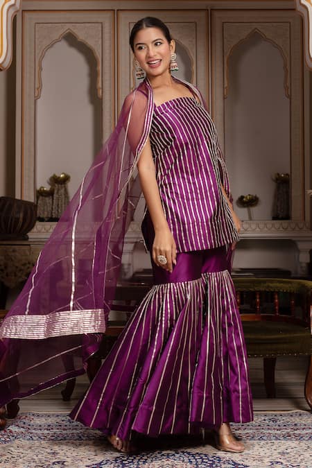 Buy_Pomcha Jaipur_Purple Taffeta, Silk Gota Patti Square Neck Seerat Sharara Set _Online_at_Aza_Fashions