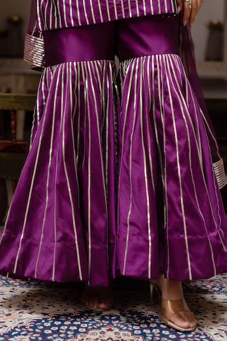Pomcha Jaipur_Purple Taffeta, Silk Gota Patti Square Neck Seerat Sharara Set _at_Aza_Fashions
