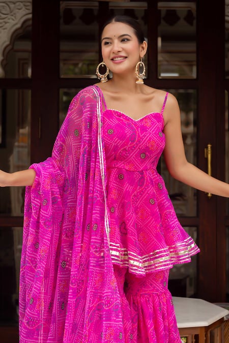 Buy_Pomcha Jaipur_Pink Georgette Embroidery Sweetheart Neck Bandhej Kurta Sharara Set _Online_at_Aza_Fashions