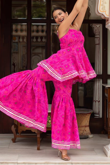 Buy_Pomcha Jaipur_Pink Georgette Embroidery Sweetheart Neck Bandhej Kurta Sharara Set 