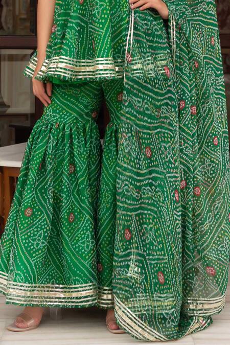 Pomcha Jaipur_Green Georgette Embroidery Sweetheart Neck Bandhej Kurta Sharara Set _at_Aza_Fashions