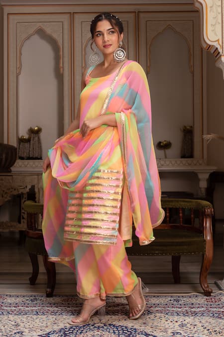 Buy_Pomcha Jaipur_Multi Color Georgette Sequins Round Neck Radha Multicolor Leheriya Suit Set _Online_at_Aza_Fashions