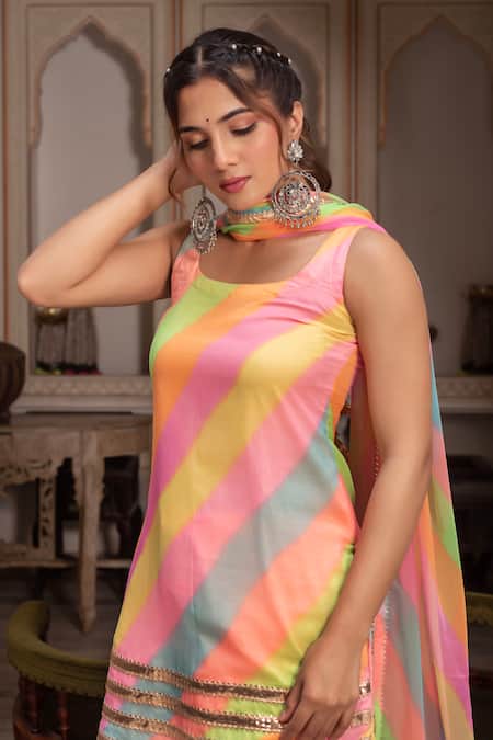 Shop_Pomcha Jaipur_Multi Color Georgette Sequins Round Neck Radha Multicolor Leheriya Suit Set _Online_at_Aza_Fashions