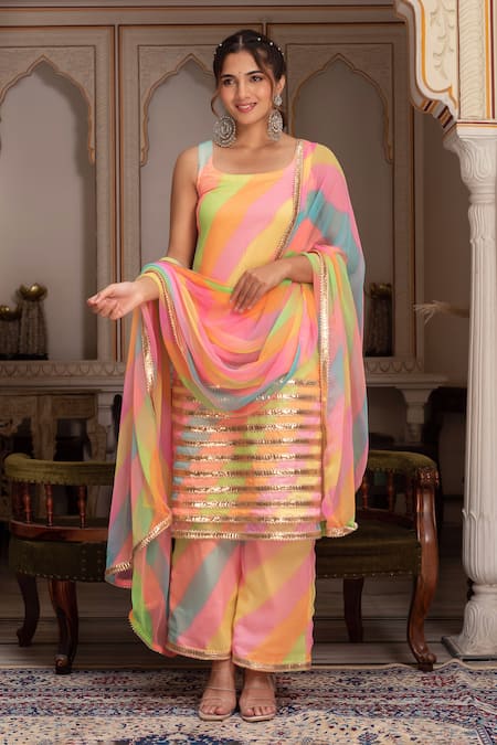 Pomcha Jaipur_Multi Color Georgette Sequins Round Neck Radha Multicolor Leheriya Suit Set _at_Aza_Fashions