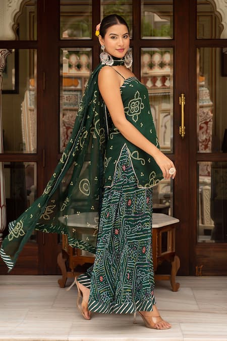 Pomcha Jaipur Bandhej Georgette Short Kurta Palazzo Set 