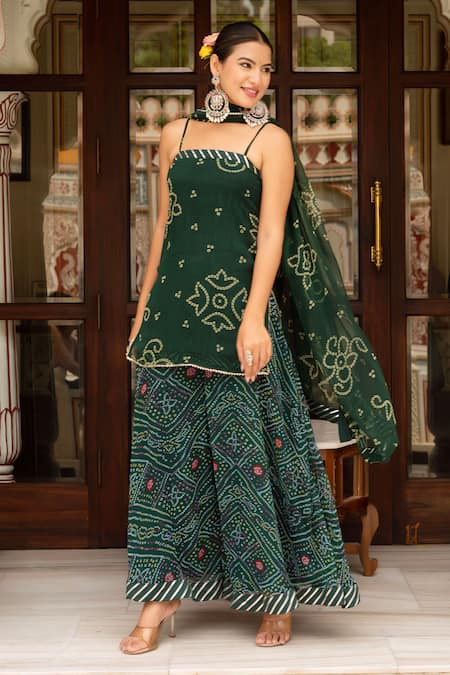 Buy_Pomcha Jaipur_Green Georgette Embroidery, Beads Square Neck Bandhej Short Kurta Palazzo Set _Online_at_Aza_Fashions